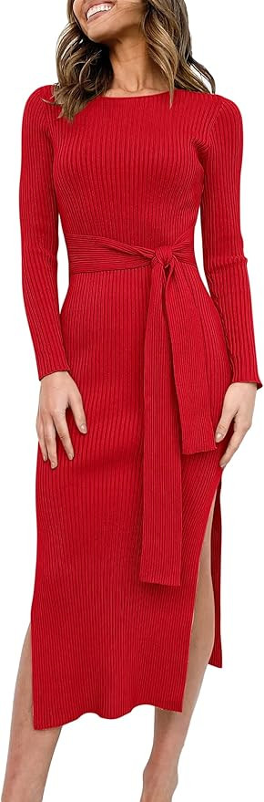 Caracilia Women's Crew Neck Long Sleeve Midi Sweater Dress Elegant Side Slit Bodycon Dress with B... | Amazon (US)
