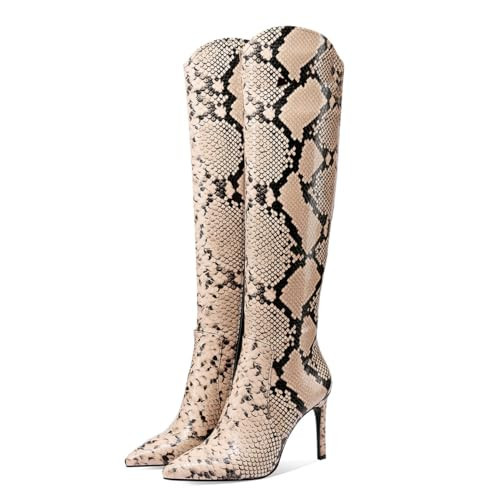 JANSEVEN Snakeskin Knee High Boots for Women Snake Skin Tall Boot with Stiletto High Heel Nude Python Print Pointed Toe Fashion Boots Side Zipper Size 8.5 | Amazon (US)