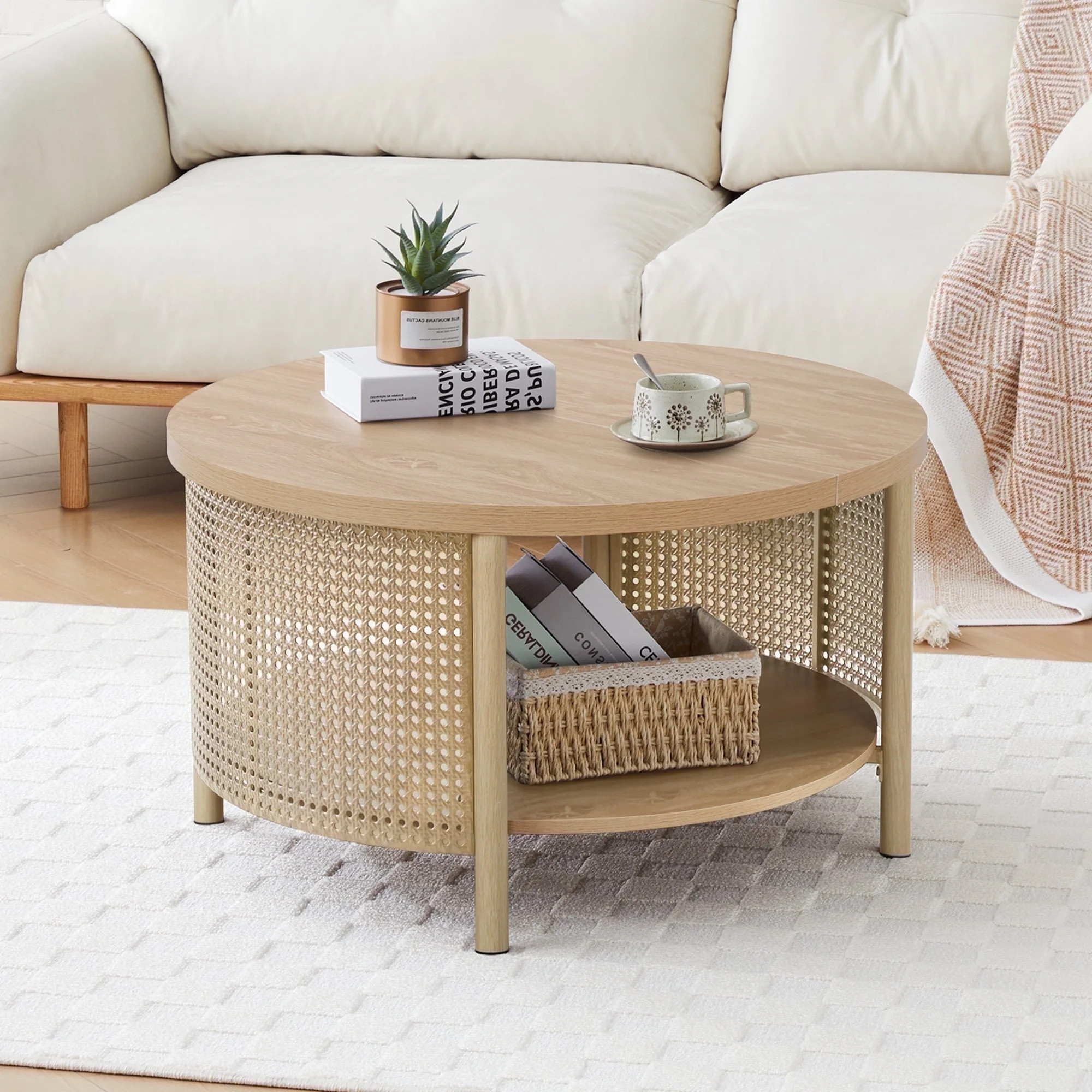 Wirrytor  Rattan Round Coffee Table with 2-Tier Wood Storage, Circular Table, Round Storage Table... | Walmart (US)