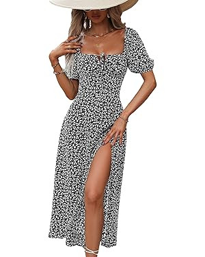 SHENHE Women's Floral Split Thigh Square Neck Puff Short Sleeve Long Boho Dresses | Amazon (US)