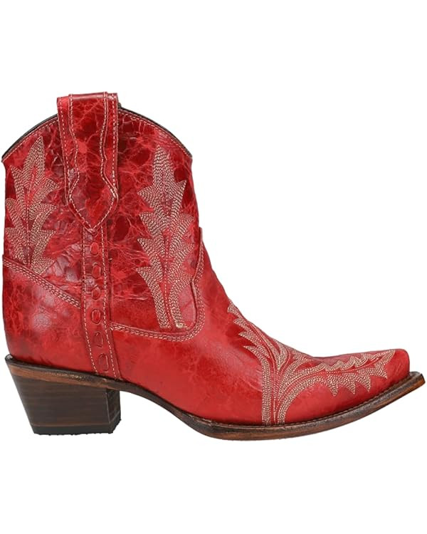 Corral Boots Womens Embroidered Snip Toe Pull On Casual Boots Ankle Low Heel 1-2" - Red | Amazon (US)