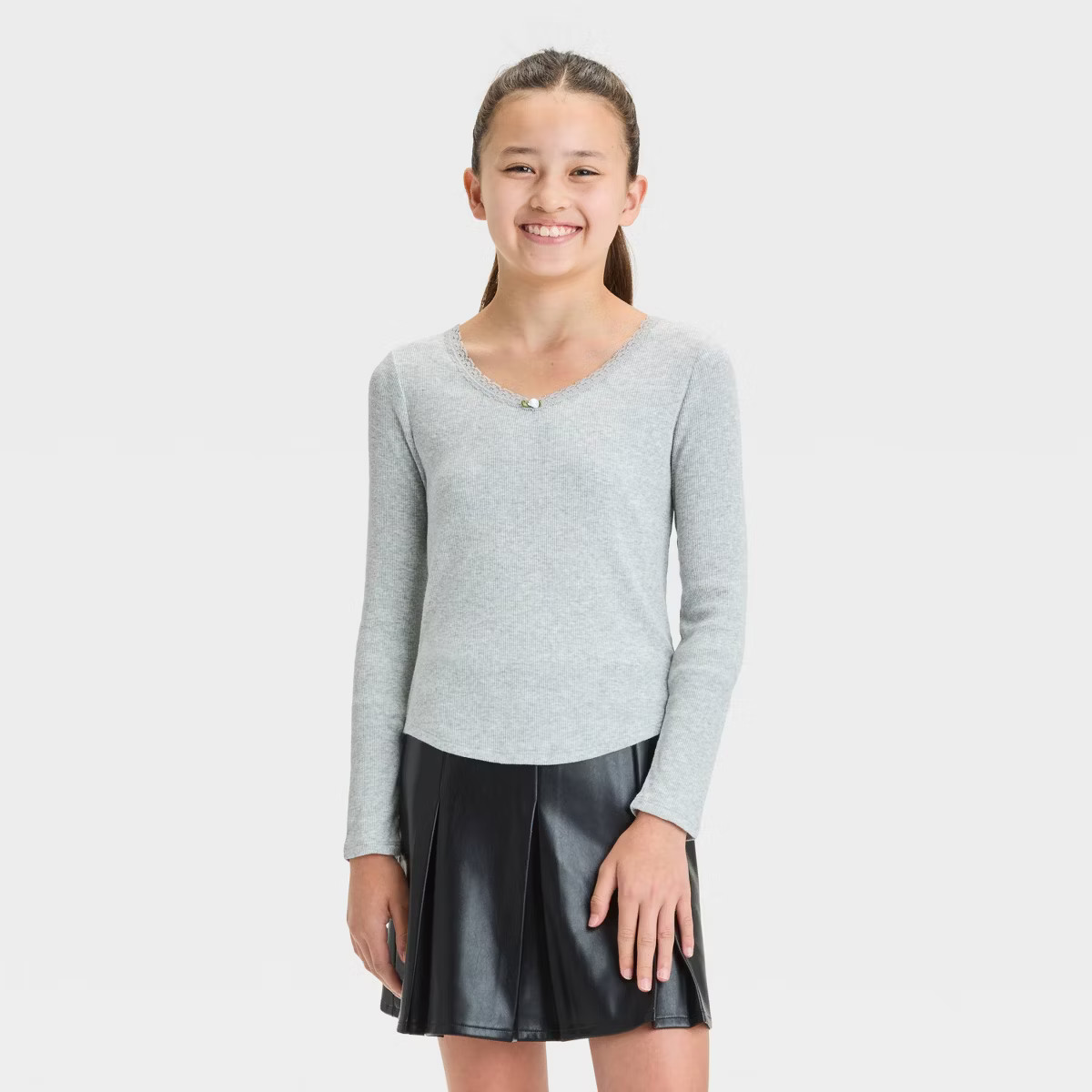 Girls' Long Sleeve Lace Trim V-Neck Shirt - art class™ | Target