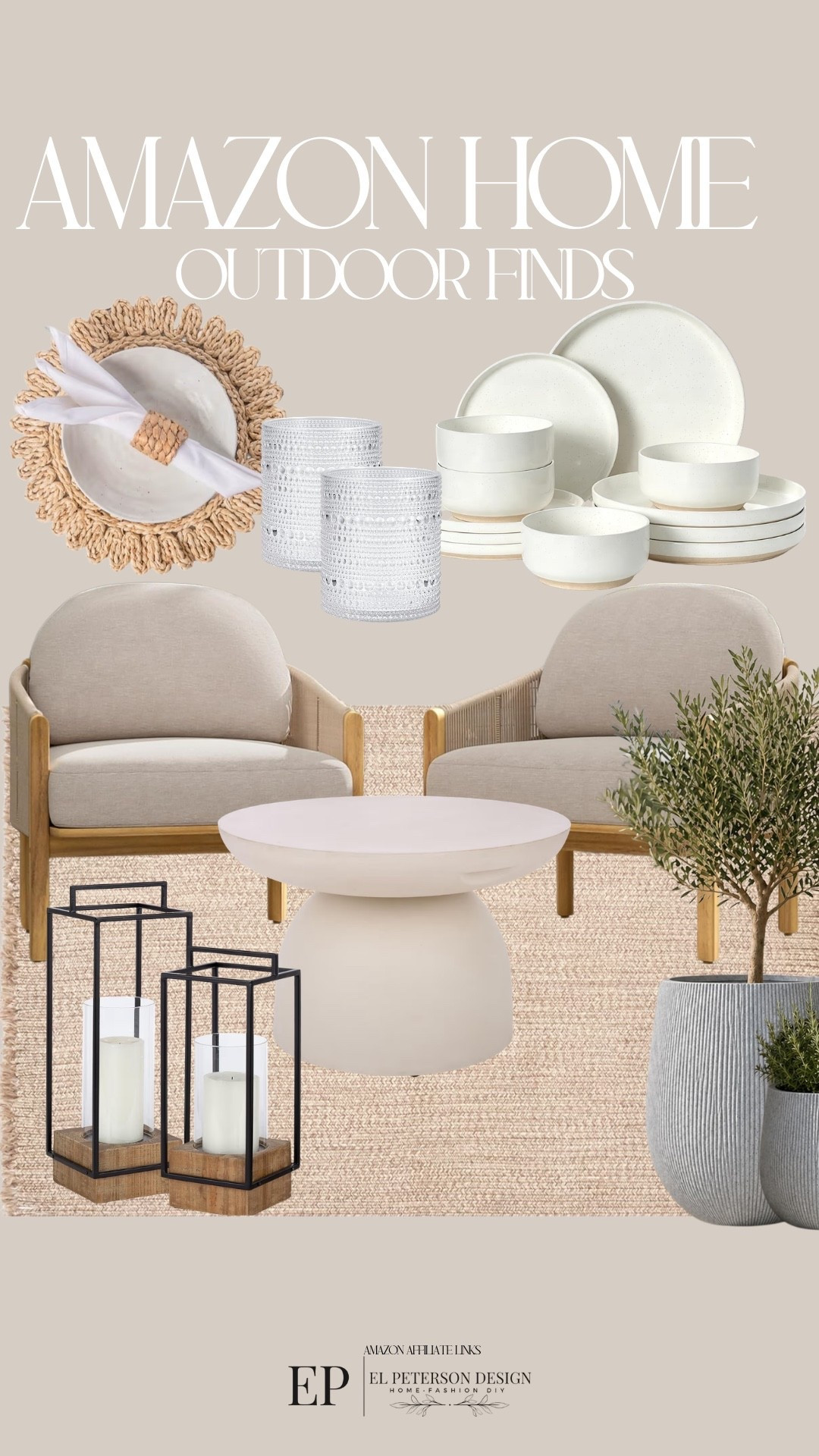 Amazon
Dish set
Drinking glass
Place mats 
Outdoor accent chair
Floor lamp
Planter
Coffee table 
Rug

#LTKHome