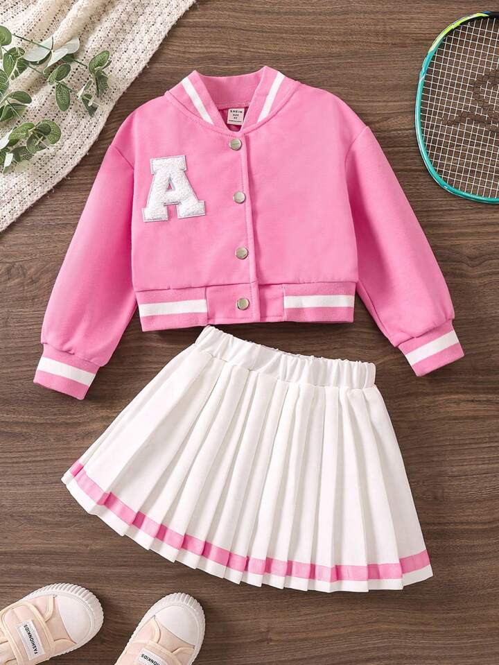 SHEIN Young Girl Letter Patched Striped Trim Varsity Jacket & Pleated Skirt | SHEIN USA | SHEIN