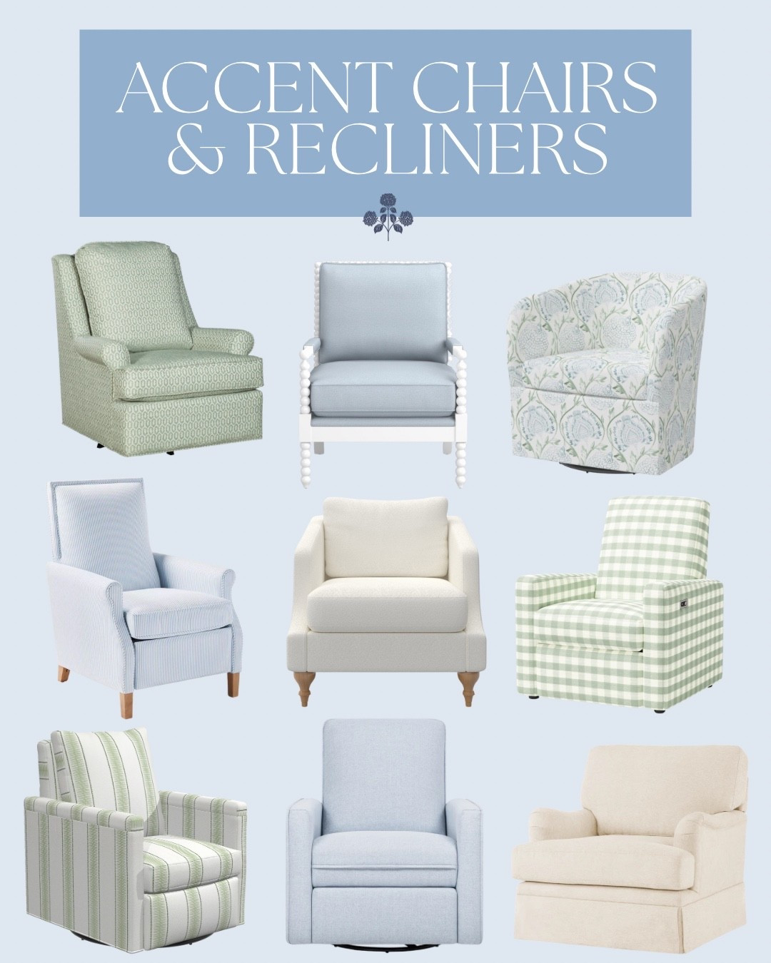Favorite accent chairs & recliners! 

Coastal furniture, Grandmillennial furniture, Grandmillennial decor, living room furniture, recliner, blue recliner, cute recliner, classic coastal 

#LTKStyleTip #LTKHome #LTKSaleAlert