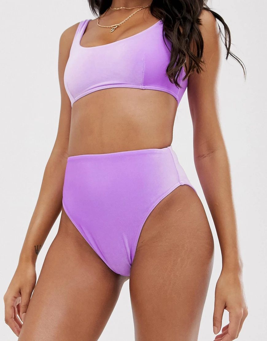 ASOS DESIGN - Mix and match - Bas de bikini taille haute échancré en velours - Lilas-Violet | ASOS (Global)