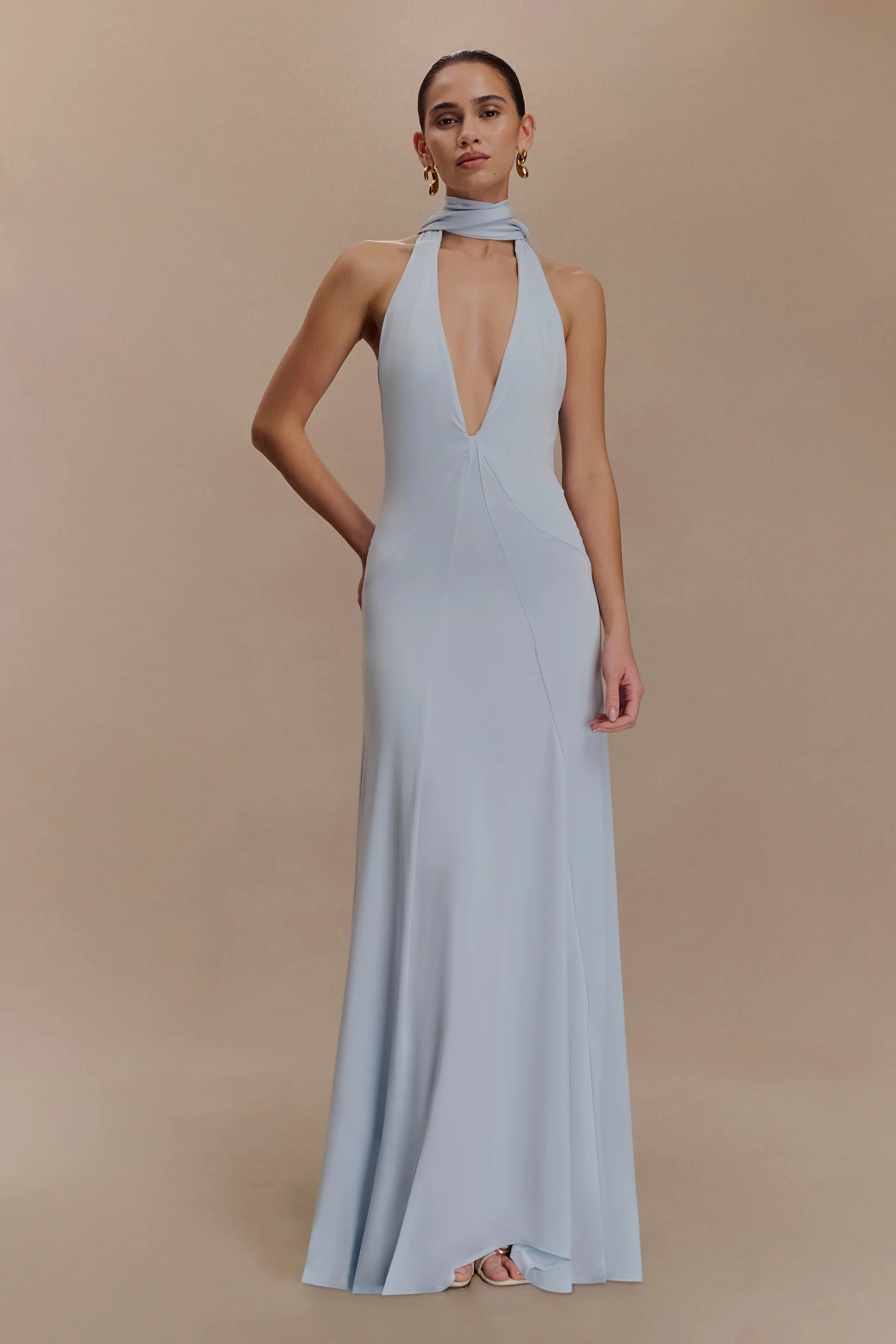 Juliet Slinky Maxi Dress With Scarf - Pale Blue | Meshki UK