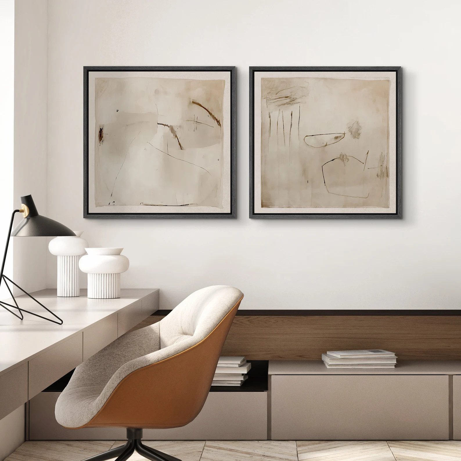 2 Pieces Framed Canvas Wall Art Abstract Beige Brown Prints Minimalist Modern Neutral Wall Art Li... | Etsy (US)