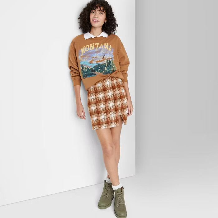 Women's Notch Front Mini Skirt - Wild Fable™ Brown Plaid 6 | Target