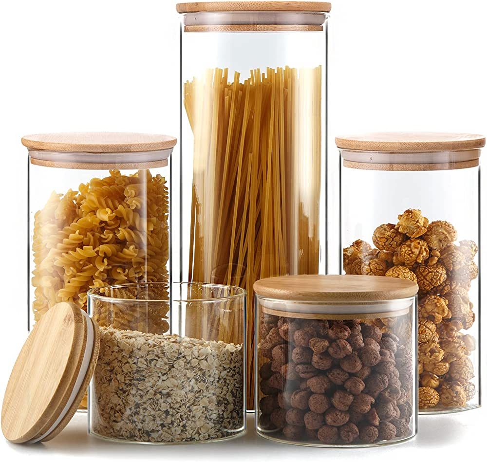 Glass Storage Jars [Set of 5],Clear Glass Food Storage Containers with Airtight Bamboo Lid Stacka... | Amazon (US)