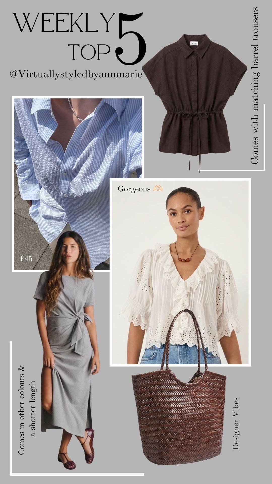 Your weekly top 5 
1. Pretty white blouse
2. Grey t-shirt dress 
3. Brown linen tie waist shirt 
4. Brown leather woven bag 
5. Blue & White Seersucker shirt

#LTKsummer