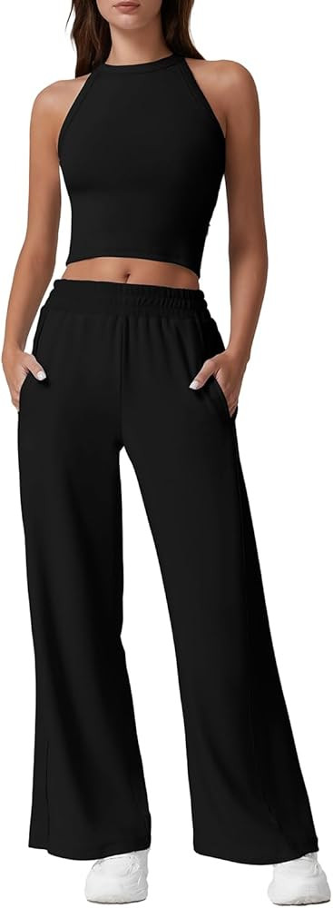 QINSEN Women's 2 Piece Sets Summer Ribbed Knit Crop Tank Tops Wide Leg Pants Sleeveless Tracksuit | Amazon (US)