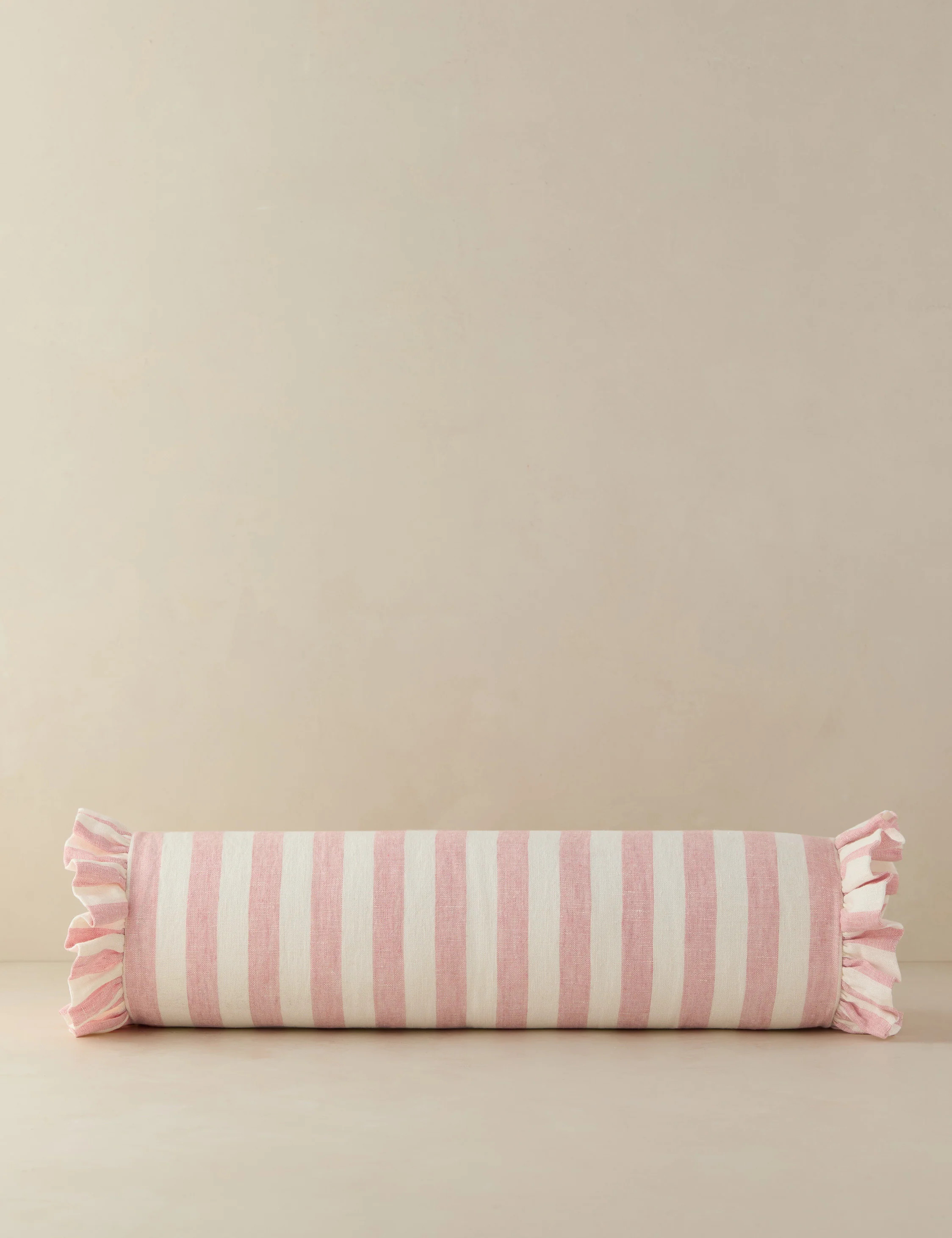 Amaroso Linen Ruffle Bolster Pillow, Pink and Ivory | Lulu and Georgia 