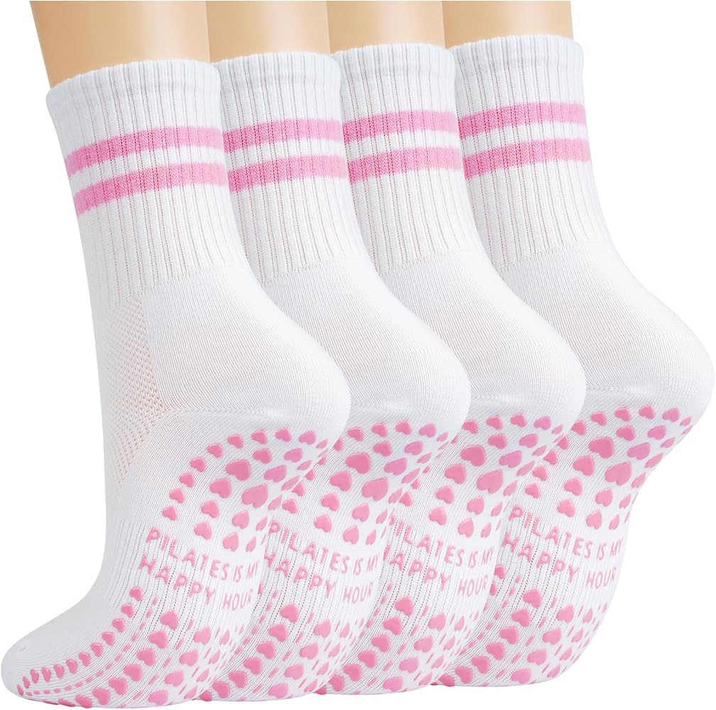Pilates Socks with Grips for Women, Yoga Non Slip Grippy Crew Socks for Hospital Barre Sticky Sli... | Amazon (US)