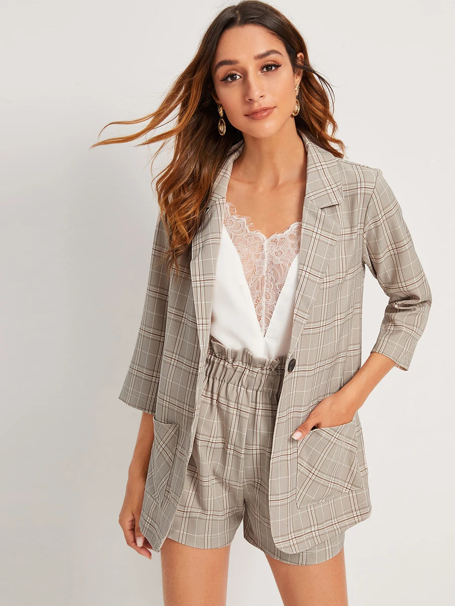 Plaid Notched Neck Blazer & Paperbag Shorts | SHEIN