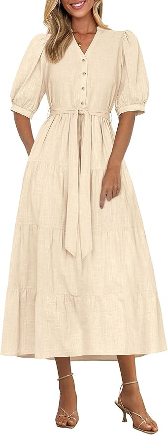 PRETTYGARDEN Women's Summer Midi Dress 2025 Casual Short Sleeve V Neck Buttons Belted Ruffle A Li... | Amazon (US)
