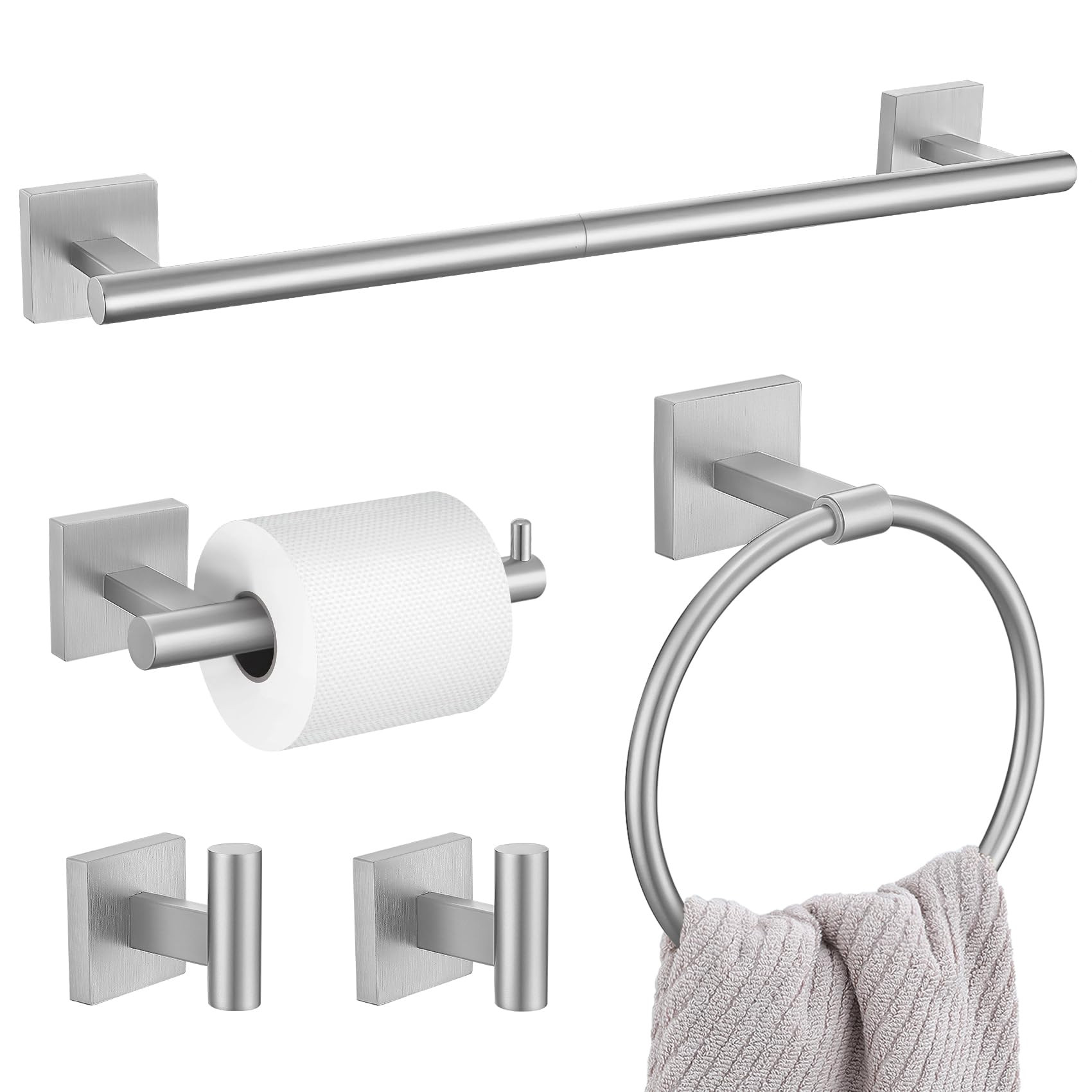 Amazon.com: 5 Pieces Bathroom Hardware Set, Brushed Nickel Towel Bar Set Includes 23.6\u201d Towel Bar, Towel Ring Holder, Toilet Paper Holder and Two Towel Hooks, Bathroom Accessories Set SUS304 Wall Mounted : Tools & Home Improvement | Amazon (US)