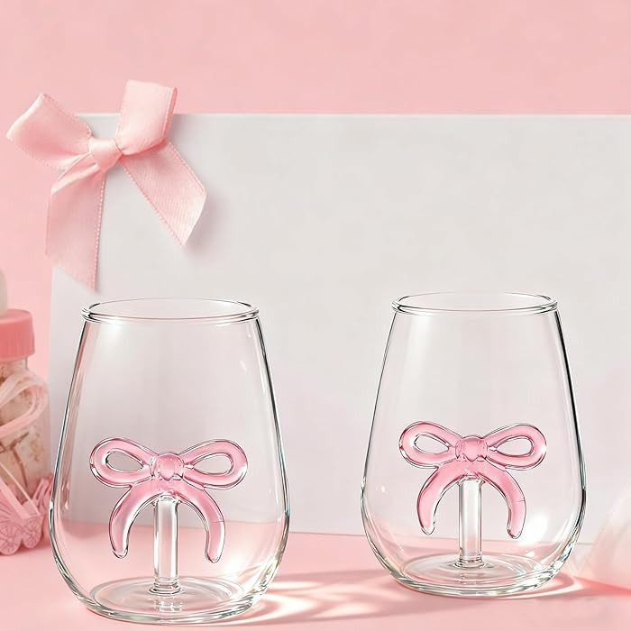 JarThenaAMCS 2Pcs 3D Pink Bow Stemless Wine Glass Hand Blown Bow Knot Clear Drinking Glasses for ... | Amazon (US)