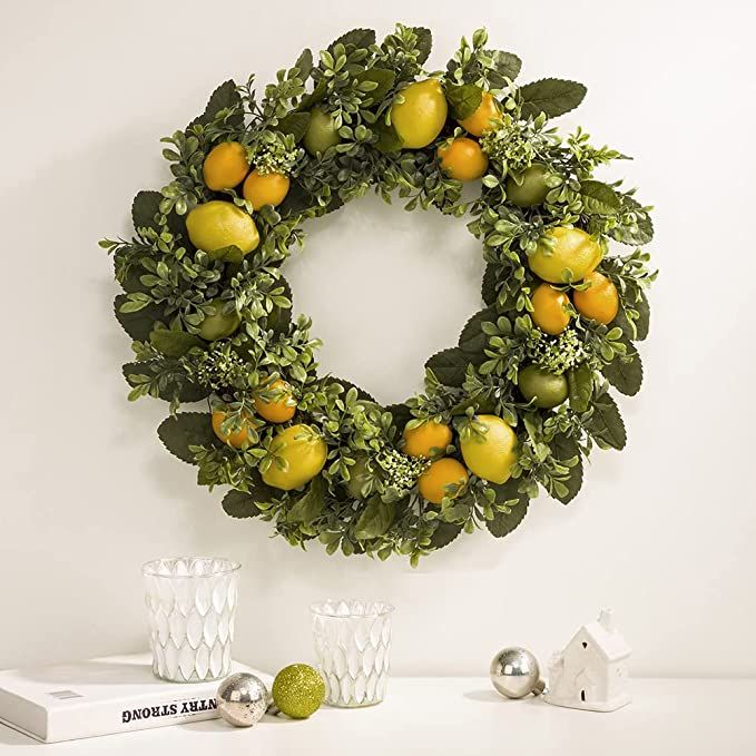 Glitzhome 22" D Artificial Greenery Lemon Wreath Decorative Spring Summer Wreath for Front Door o... | Amazon (US)