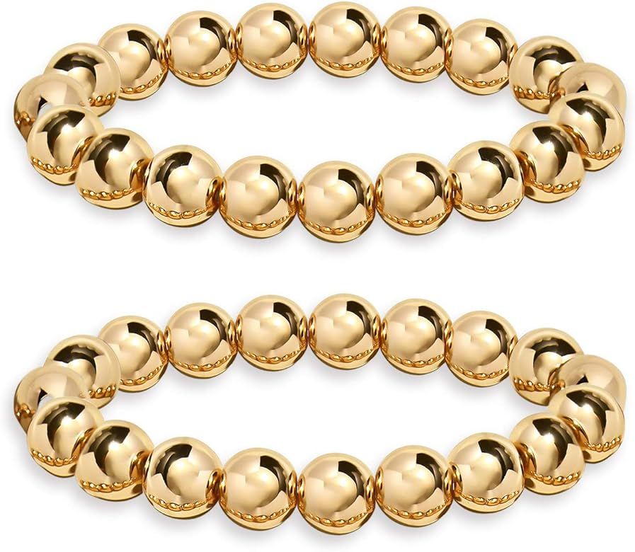 HZEYN Gold Beaded Bracelets for Women Stackable 14K Gold Plated Brass Bead Ball Stretch Bracelet ... | Amazon (US)