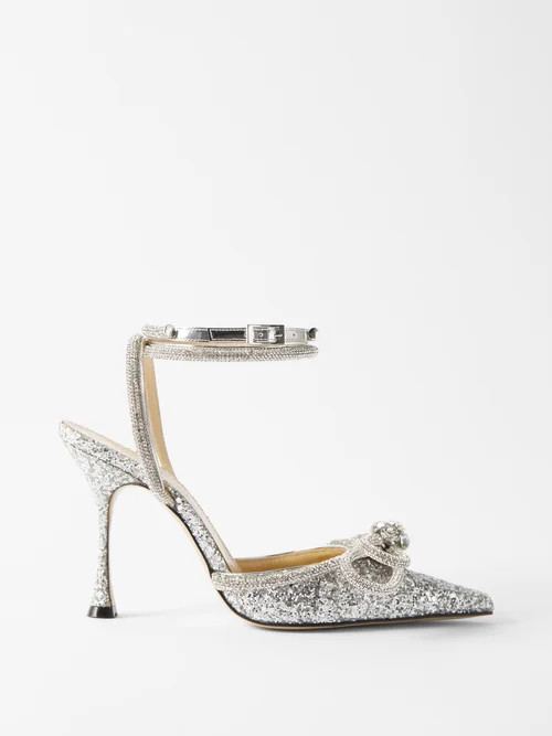 Mach & Mach - Double Bow 100 Crystal And Glitter Pumps - Womens - Silver | Matches (US)