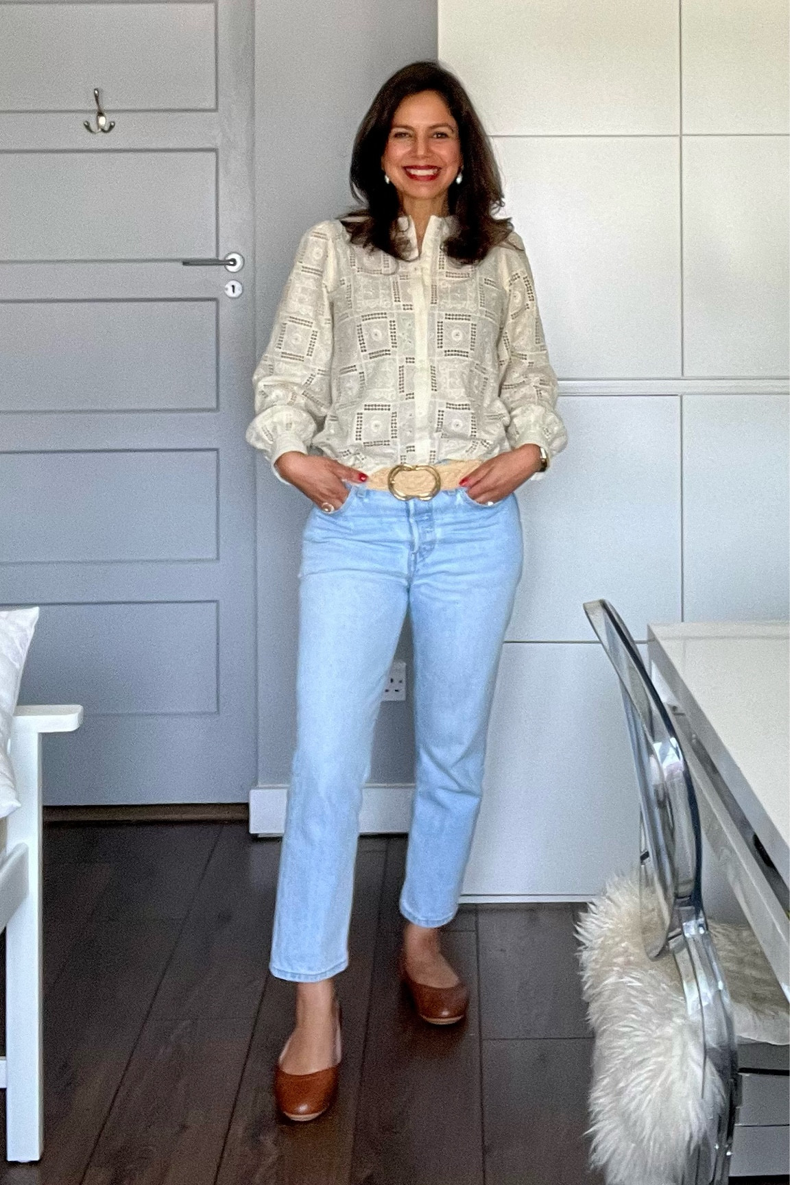 Sezane, Levi’s, Fit Flop, Spring style, belts, relaxed Sunday outfit,  petite fashion, cropped jeans, workwear fashion, transitional outfit, transitional style, spring outfit ideas, spring fashion, cream blouse, embroidered blouse, straight jeans, women’s jeans, ballet pumps, summer shoes 

#LTKover50style #LTKstyletip #LTKeurope