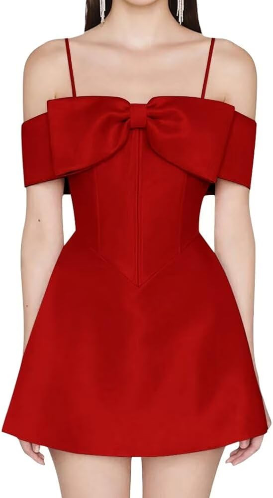 Women’s Spaghetti Strap Homecoming Dresses for Teens Bow Satin Off Shoulder Short Prom Dress Ev... | Amazon (US)