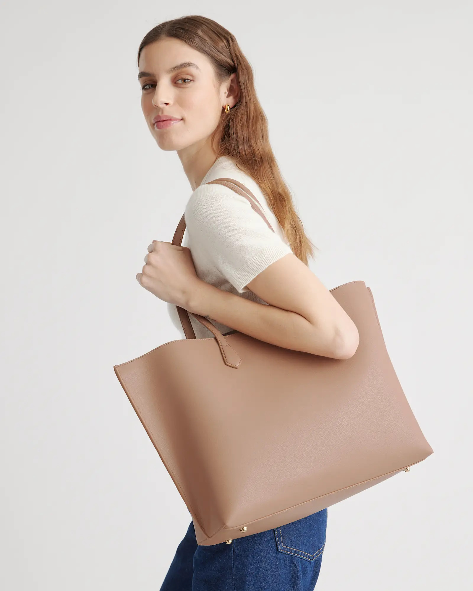 Italian Leather Triple Compartment Shopper Tote in Cappuccino | Quince