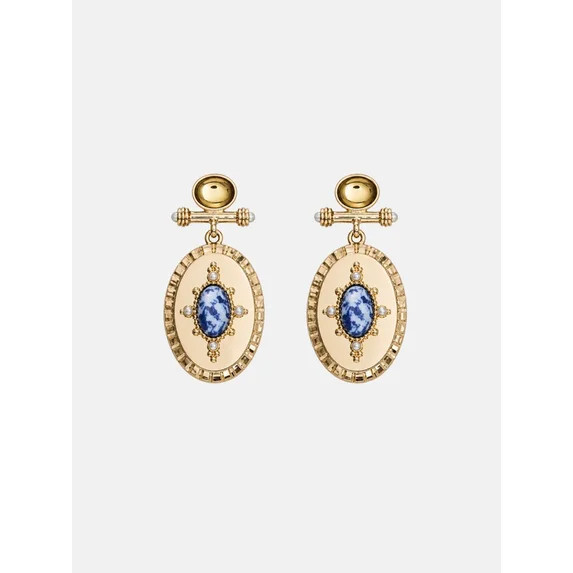 Scenario Women's Gold-Tone Bar Drop Earrings with Oval and Faux Sodalite Stones | Walmart (US)