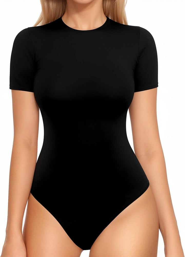 MANGOPOP Womens Short Sleeve Bodysuit Crew Neck Double Lined T-shirt Tops Second Skin Bodysuit Co... | Amazon (US)