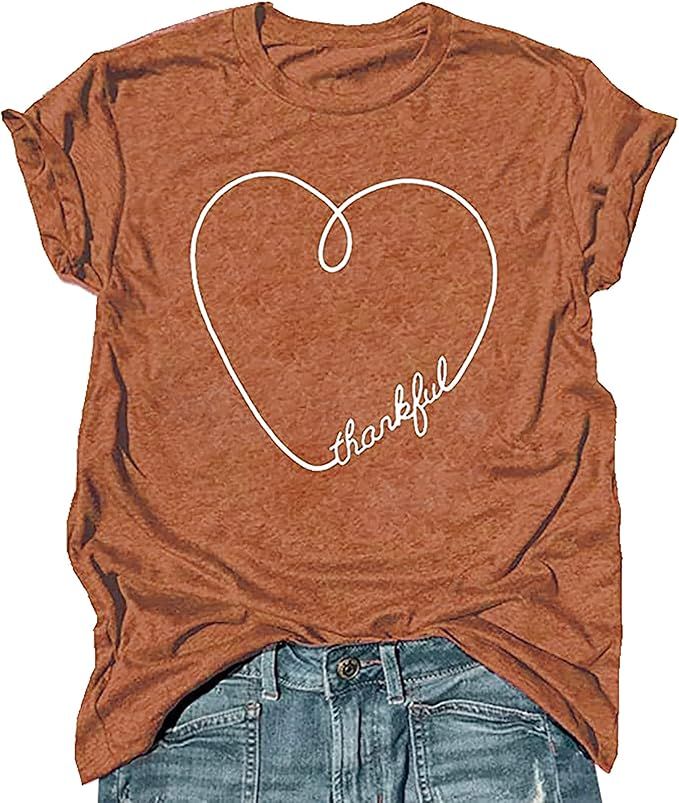 Thankful Heart T Shirt Cute Graphic Tees O-Neck Casual Short Sleeve Tops Soft Shirt for Women | Amazon (US)