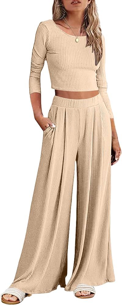 Ekouaer Women's 2 Piece Lounge Sets Ribbed Knit Crop Top Wide Leg Pants with Pockets S-XXL | Amazon (US)