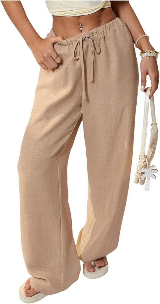 SweatyRocks Women's Low Rise Wide Leg Pants Casual Drawstring Lounge Trousers Vacation Outfits | Amazon (US)