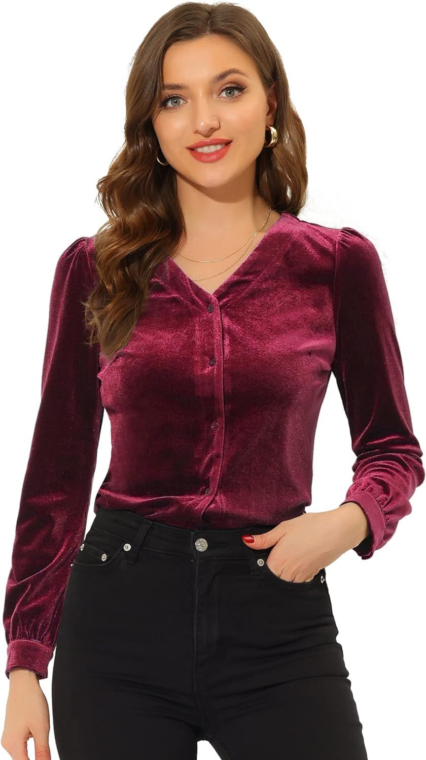 Allegra K Women's Velvet V Neck Long Sleeve Solid Button Down Blouse Shirt | Amazon (US)