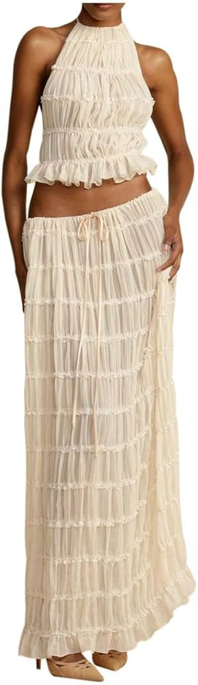 Womens 2 Piece Maxi Skirt Set Lace Up Sleeveless Tank Top and Flowy Long Skirt 2024 Summer Beach ... | Amazon (US)