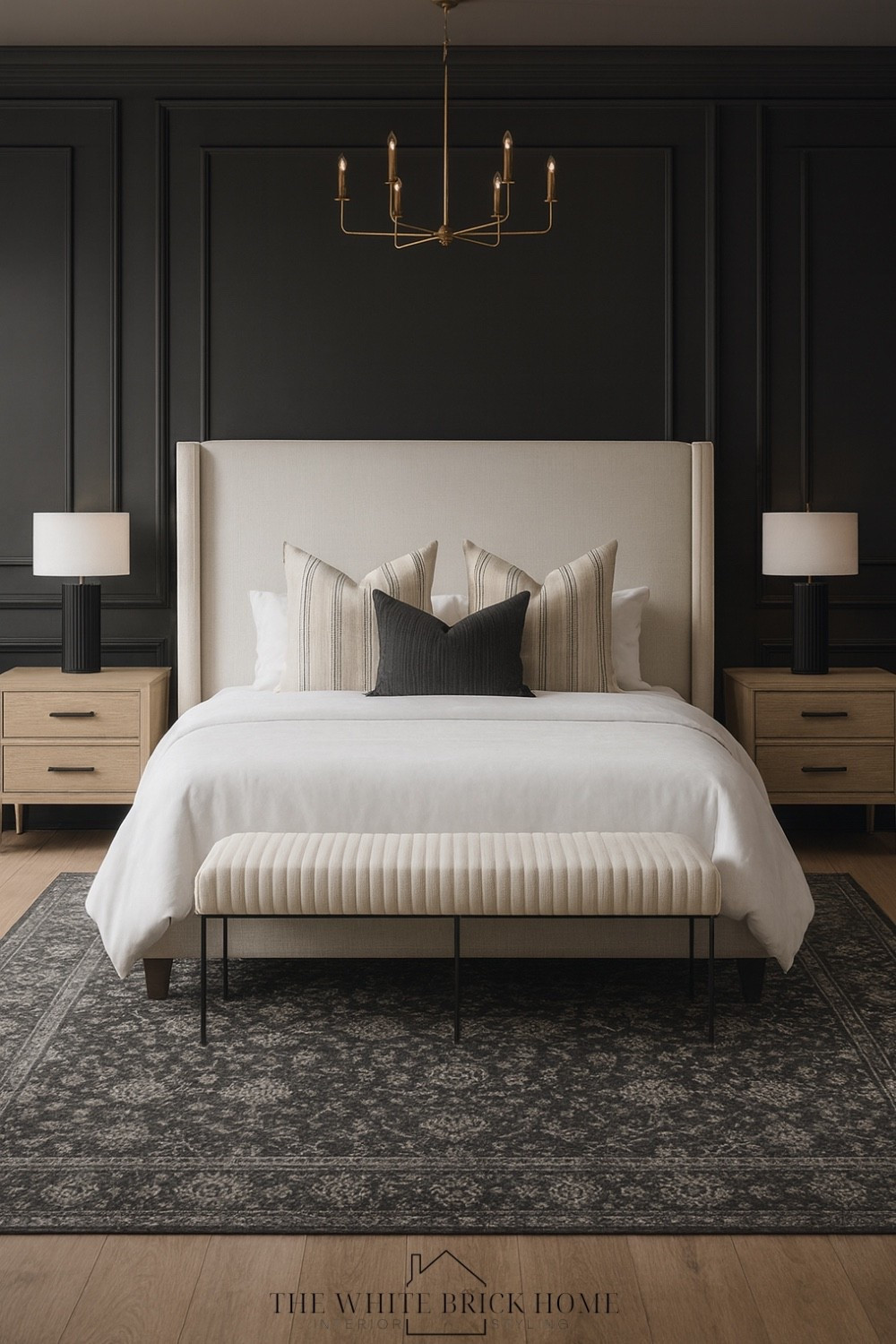 This modern traditional bedroom has timeless sophistication - where bold black walls, a plush ivory upholstered bed, and brass chandelier create elegance with clean lines and bold contrast. 

Bed, bedroom, bedroom design, moody bedroom, moody black bedroom, bedroom ideas, bedroom furniture, Wayfair bed, area rug, dark area rug, bedroom rug, bedroom lighting, bedroom chandelier, table lamp, nightstand, bench, home decor, modern bedroom, bedroom decor, bedroom ideas, home design, bedroom design, Wayfair, pottery barn, Etsy 

#LTKSaleAlert #LTKStyleTip #LTKHome