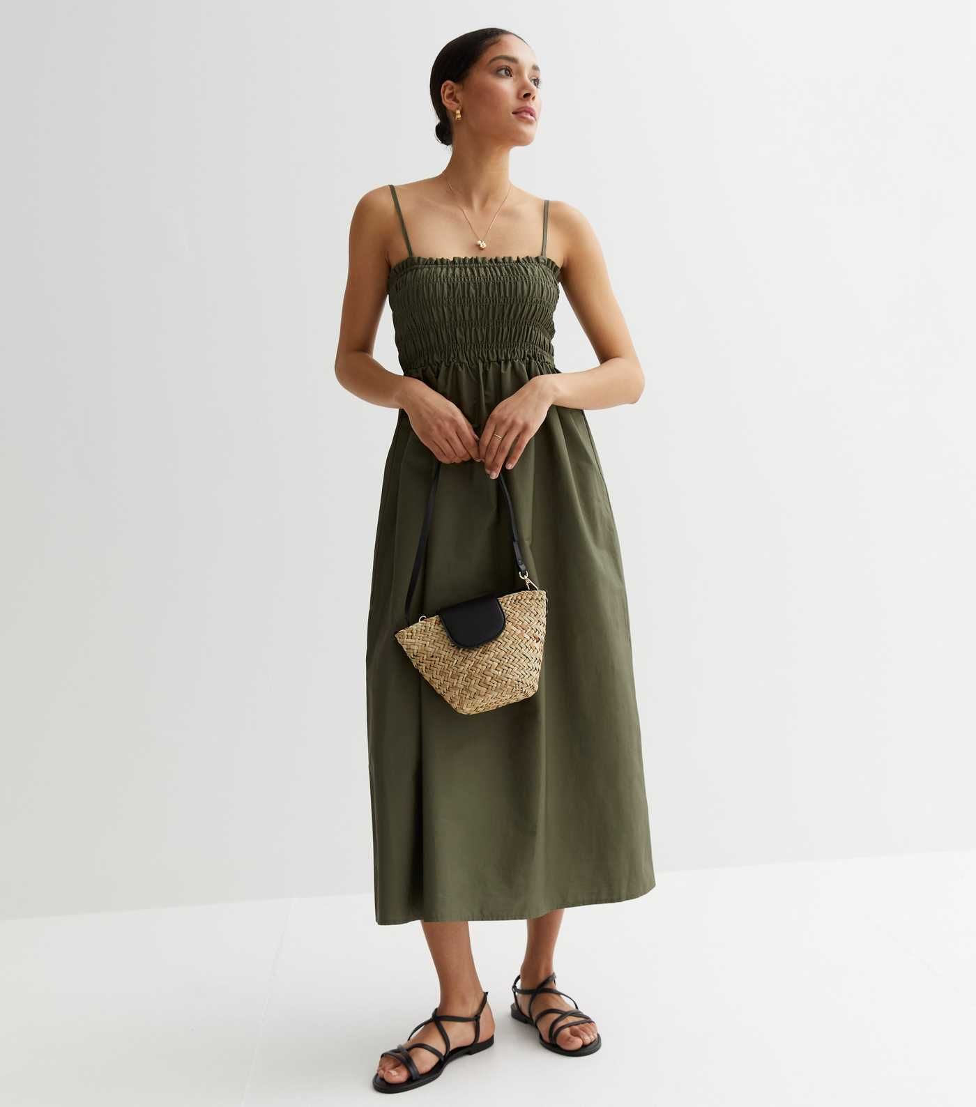 Khaki Cotton Strappy Shirred Midi Dress
						
						Add to Saved Items
						Remove from Saved I... | New Look (UK)