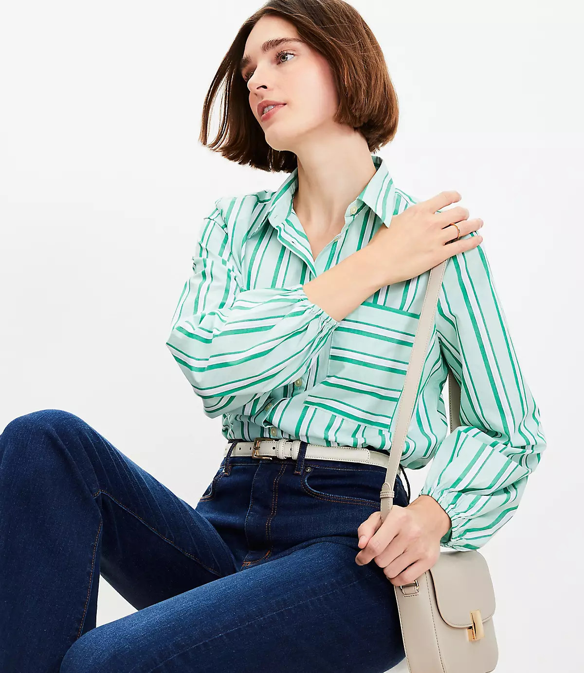 Striped Poplin Blouson Sleeve Pocket Shirt | LOFT
