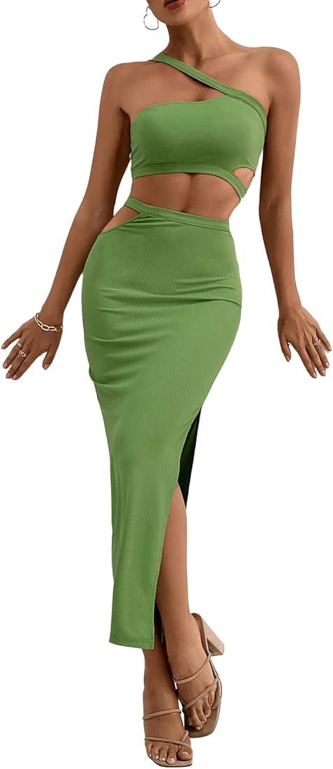 MakeMeChic Women's 2 Piece Outfits Cut Out One Shoulder Crop Top and Split Long Skirt Set | Amazon (US)