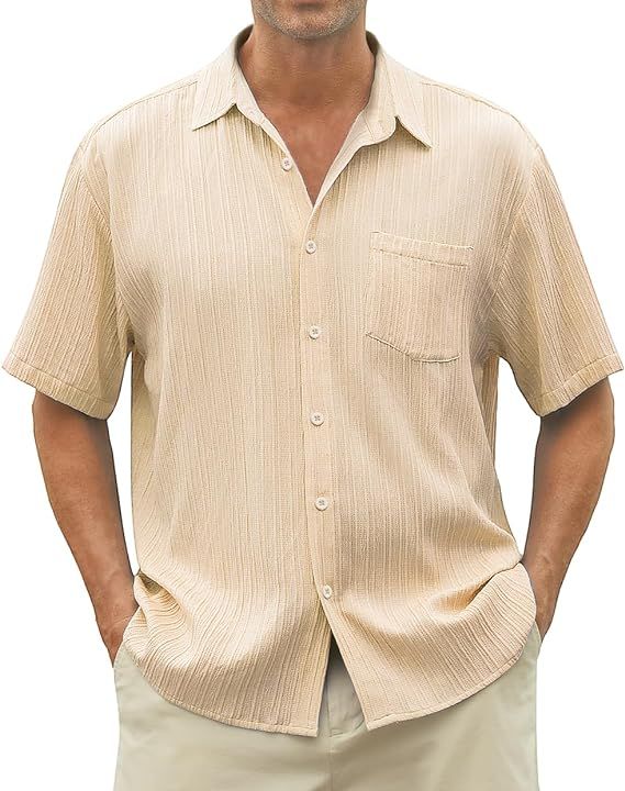 Men's Button Down Shirts Short Sleeve Beach Casual T-Shirts Textured Linen Summer Beach Shirt wit... | Amazon (US)