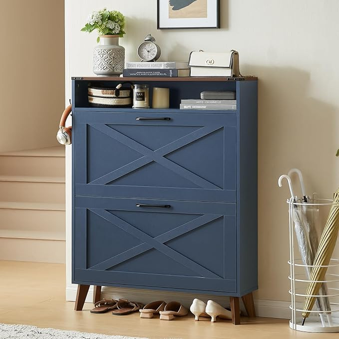 Joaxswe Narrow Shoe Cabinet with 2 Flip Drawers for Entryway,Dark Blue | Amazon (US)