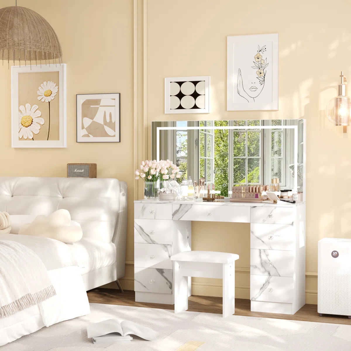 47"W Glass Top Vanity Set With LED Mirror & Power Outlets, 9 Drawers With Diamond Handles | Wayfair North America