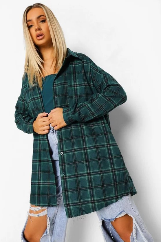 Oversized Frayed Flannel Shirt | Boohoo.com (US & CA)