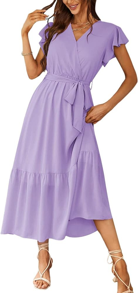 PRETTYGARDEN Women's Summer Floral Boho Maxi Dress Short Sleeve Wrap V Neck Ruffle Long Flowy Bea... | Amazon (US)