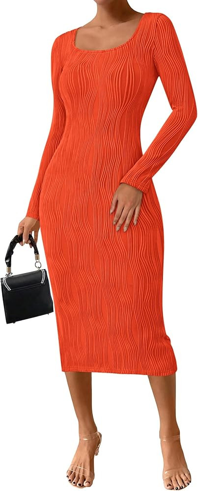 PRETTYGARDEN Women's Dress 2024 Fall Long Sleeve Square Neck Fitted Knit Midi Party Club Slit Bod... | Amazon (US)