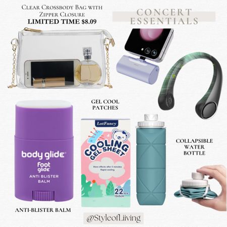 Concert essentials! Anti-blister balm, clear purse crossbody bag with zipper, portable phone charger, neck fan, collapsible water bottle, cool gel patches. #founditonamazon #amazonfavorites

#LTKParties #LTKFestival #LTKFindsUnder50