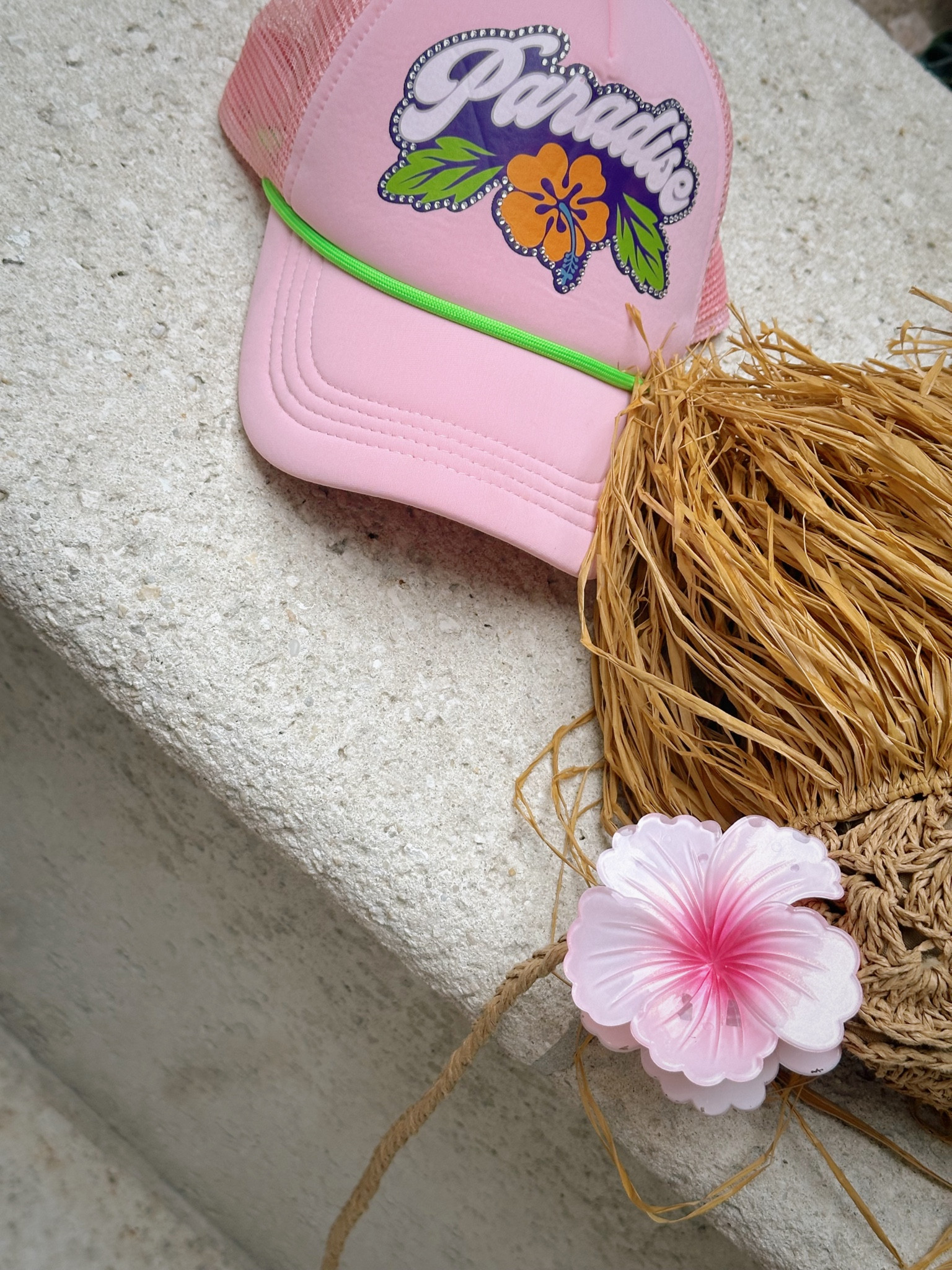 Trucker hat
Pink trucker hat
Summer hat
Beach hat
Vacation outfit
Flower claw clip
Hair Clip
Hibiscus
Straw bag
Summer bag
Summer outfit 

#LTKTravel #LTKSummerSales #LTKSwim