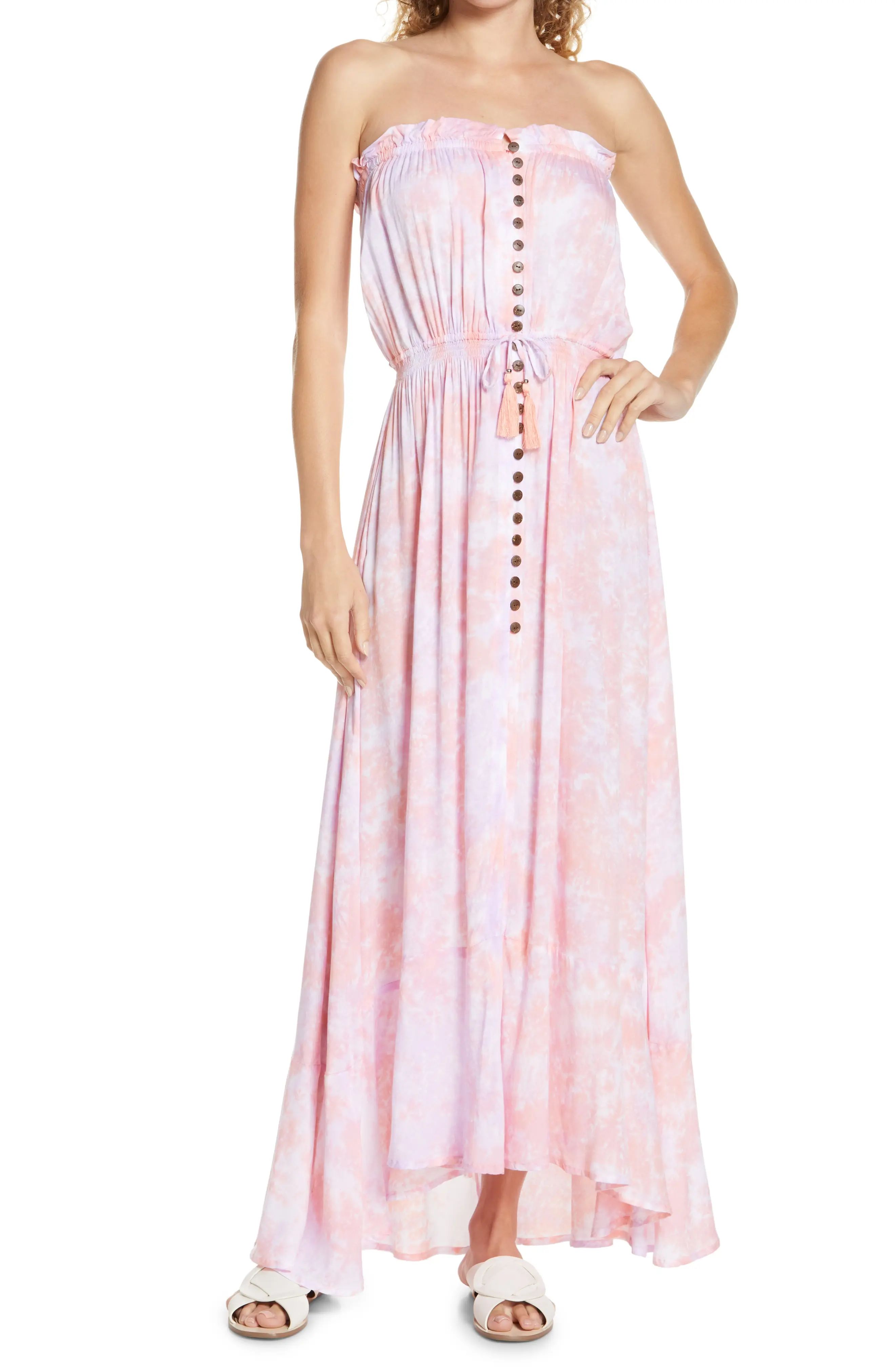 Tiare Hawaii Ryden Strapless Maxi Dress in Peach Violet Smoke at Nordstrom | Nordstrom