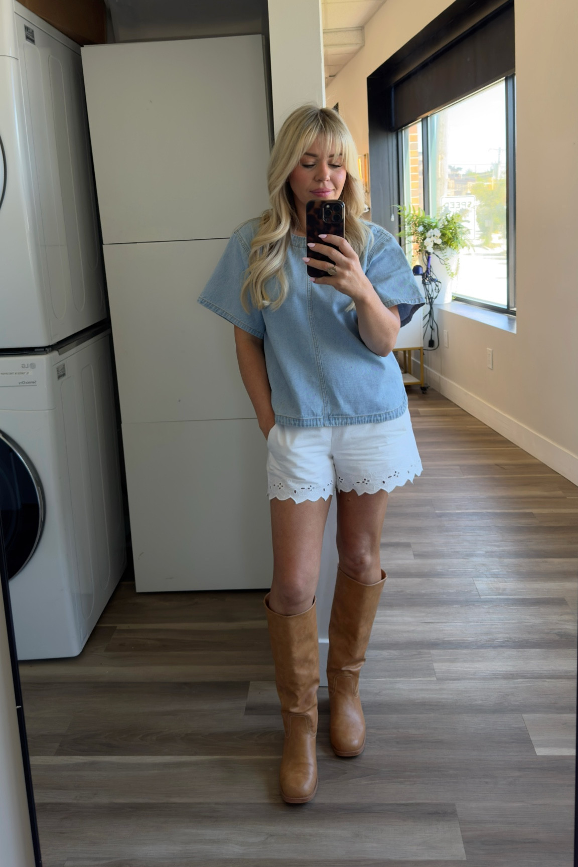 Denim short sleeve top size small 
White lace structured shorts size small (perfect for summer) 
Tan boots size 7

#LTKU #LTKdayinmylife #LTKootd