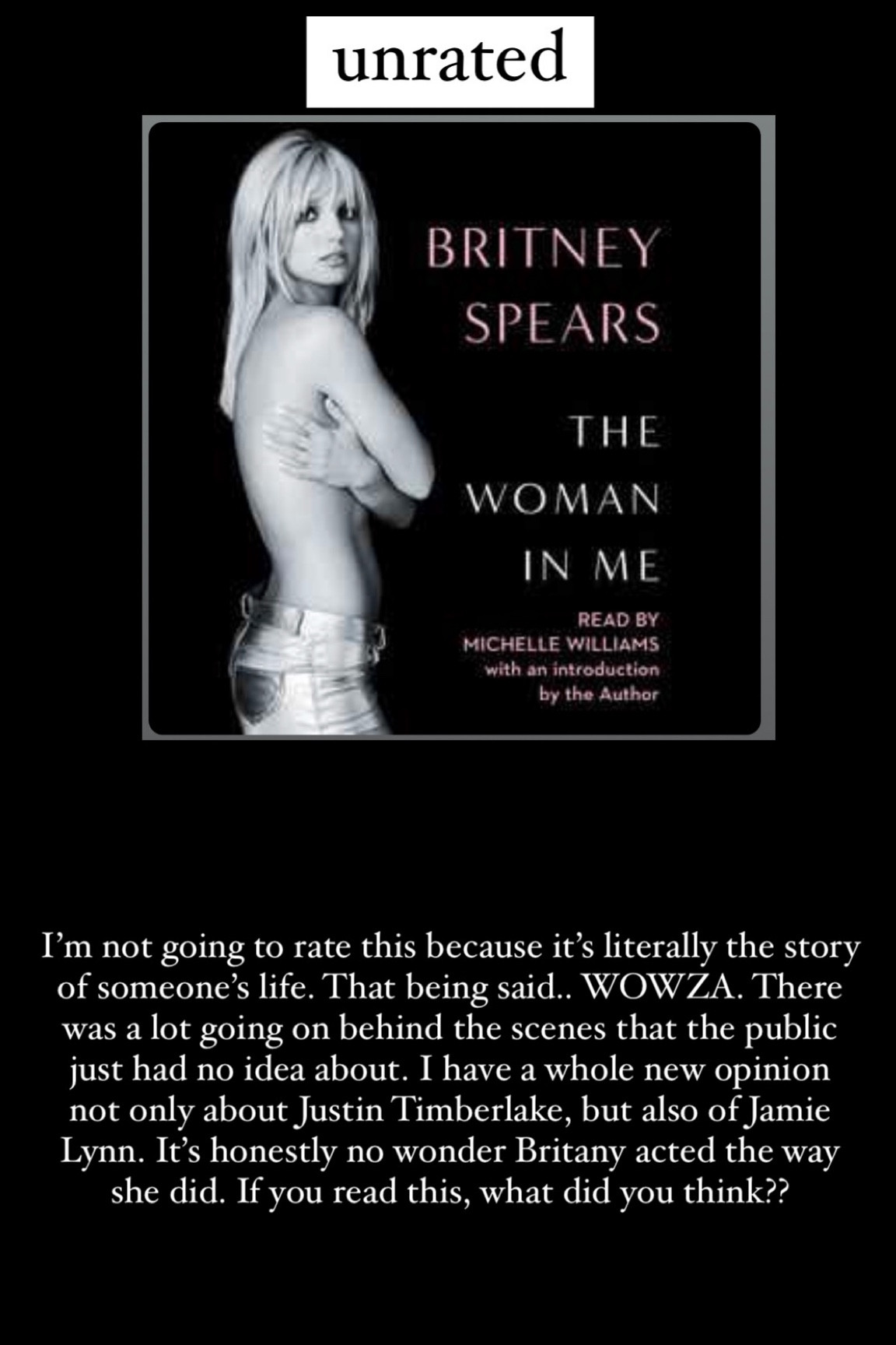 59. The Woman in Me by Britney Spears :: I’m not going to rate this because it’s literally the story of someone’s life. That being said.. WOWZA. There was a lot going on behind the scenes that the public just had no idea about. I have a whole new opinion not only about Justin Timberlake, but also of Jamie Lynn. It’s honestly no wonder Britany acted the way she did. If you read this, what did you think?? I listened to this one on Spotify premium

book / thrillers / romance / travel book / good reads / booktok books / book recommendations / on my bookshelf / kindle books / audio books / kindle girlie / kindle unlimited / amazon books / amazon reads / amazon readers / reading / reading must haves / trending books / kindle accessories / books accessories / books

#LTKhome #LTKtravel